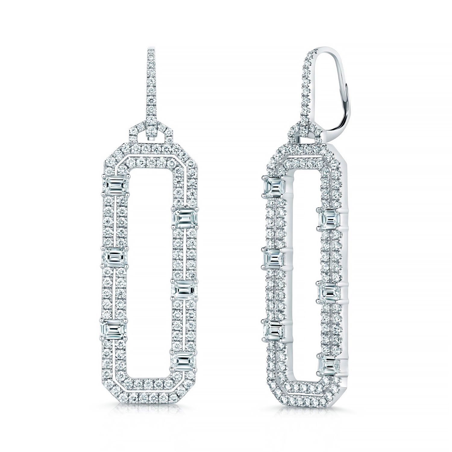 The luxurious white gold setting enhances the radiant sparkle of the diamonds, creating a timeless and sophisticated accessory perfect for any occasion. Exquisite craftsmanship ensures both comfort and durability, making these earrings a dazzling addition to your jewelry collection.-18k White gold-Diamonds, 5.38ctsItem# 150-2000139 Rectangular Diamond Earrings