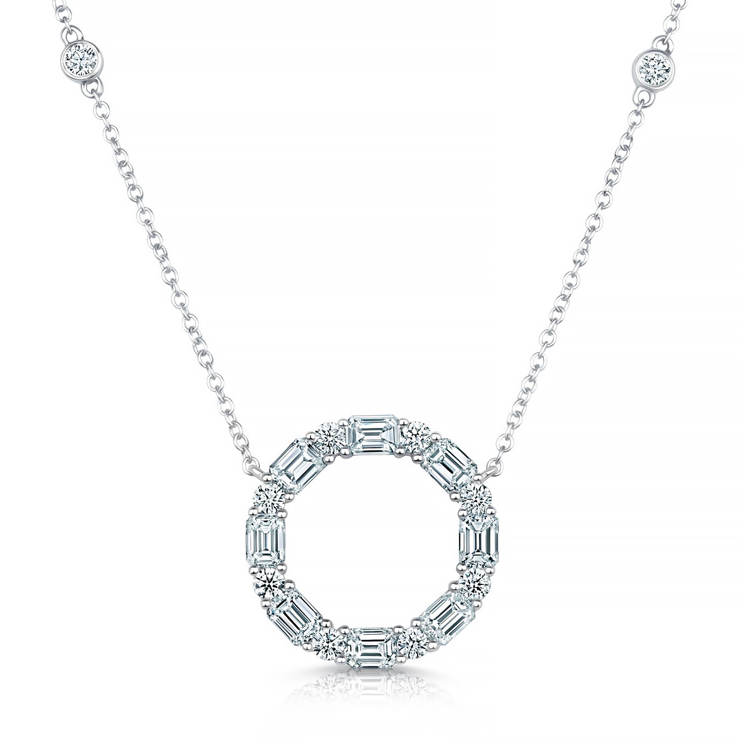 The timeless circle pendant is encrusted with dazzling, meticulously set diamonds that capture and reflect light with every movement. A symbol of eternity and unity, it’s an unforgettable gift or a treasured addition to your own jewelry collection.-18k White gold-Diamonds, 2.65cts-Length, 18"Item# 165-2000074 Diamond Circle Necklace
