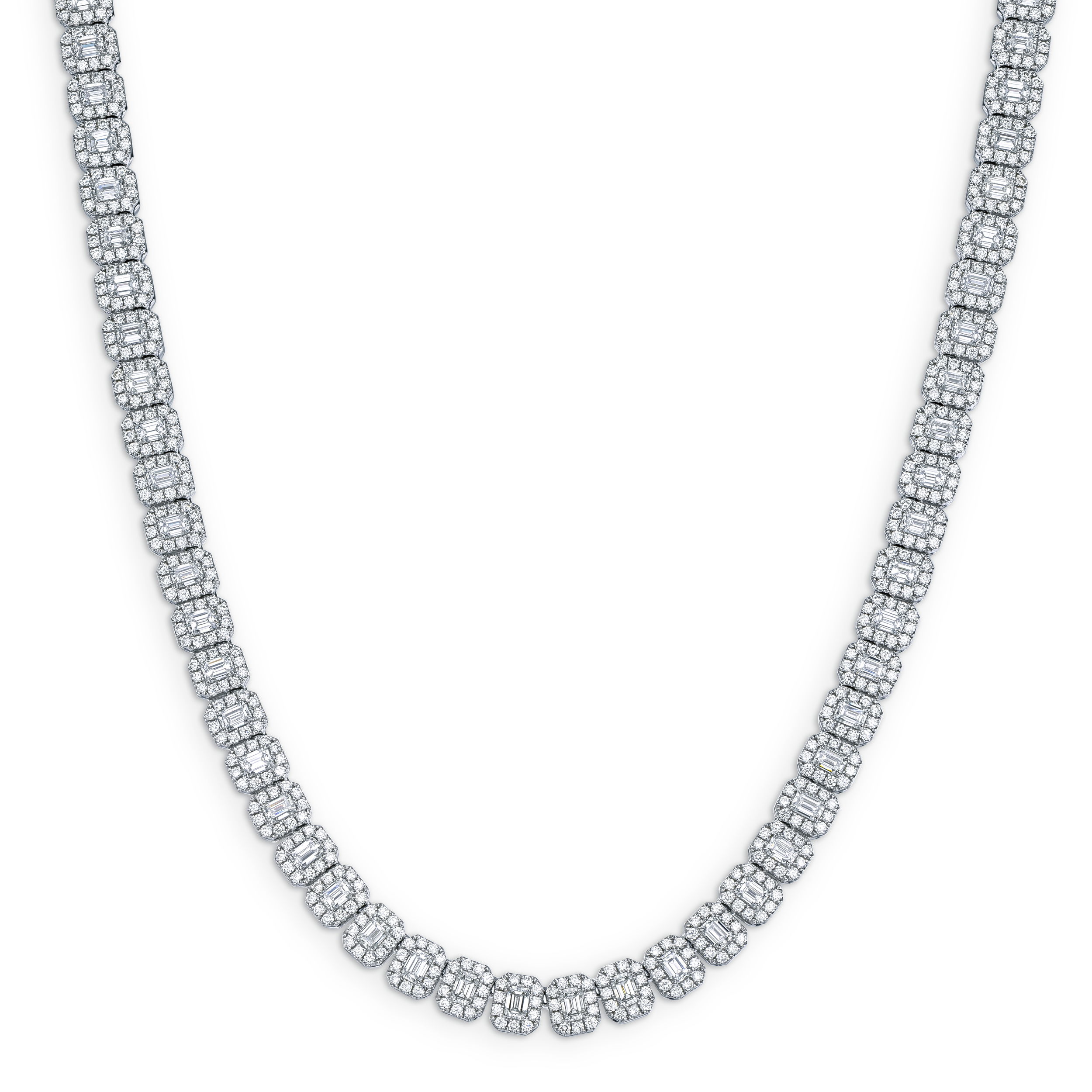 Elevate your elegance with our Emerald Cut Diamond Necklace, exquisitely crafted in 18k white gold. Delicate yet dazzling, this necklace offers both timeless sophistication and modern allure—perfect for marking life’s most special moments or elevating your everyday style.-18k White gold-Diamonds, 13.26cts-Length, 16"Item# 165-2000077 Emerald Cut Diamond Necklace with Pave Halos