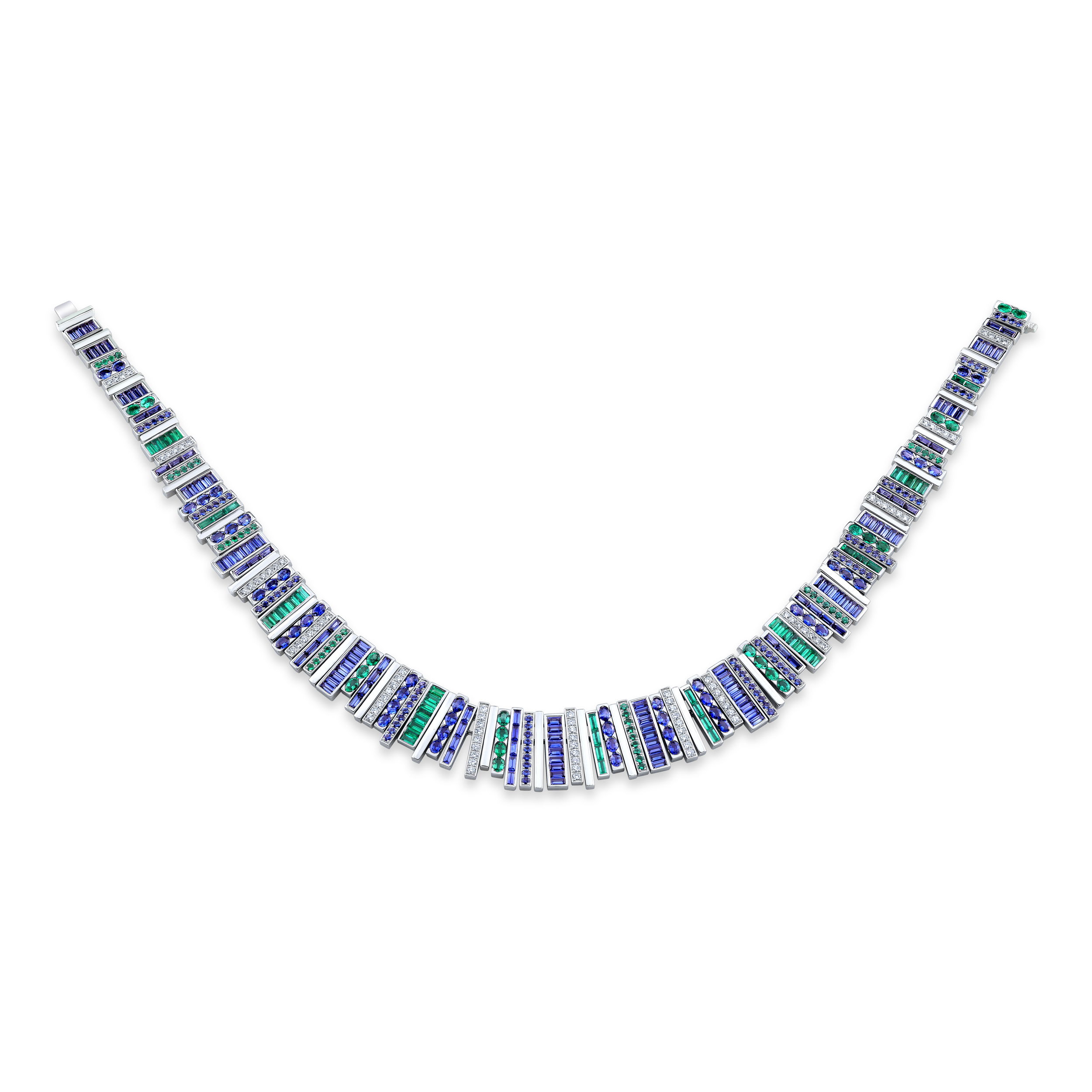 This platinum masterpiece necklace by Robert Procop showcases blue sapphires, emeralds, and diamonds in a strikingly unique setting. Crafted with precision and vision, this one-of-a-kind piece is a stunning example of fine jewelry that commands attention and celebrates individuality.-Platinum-Blue sapphires, 25.62cts-Emeralds, 9.41cts-Diamonds, 2.42ctsItem# 235-2000053 Emerald and Blue Sapphire Masterpiece Chic Necklace