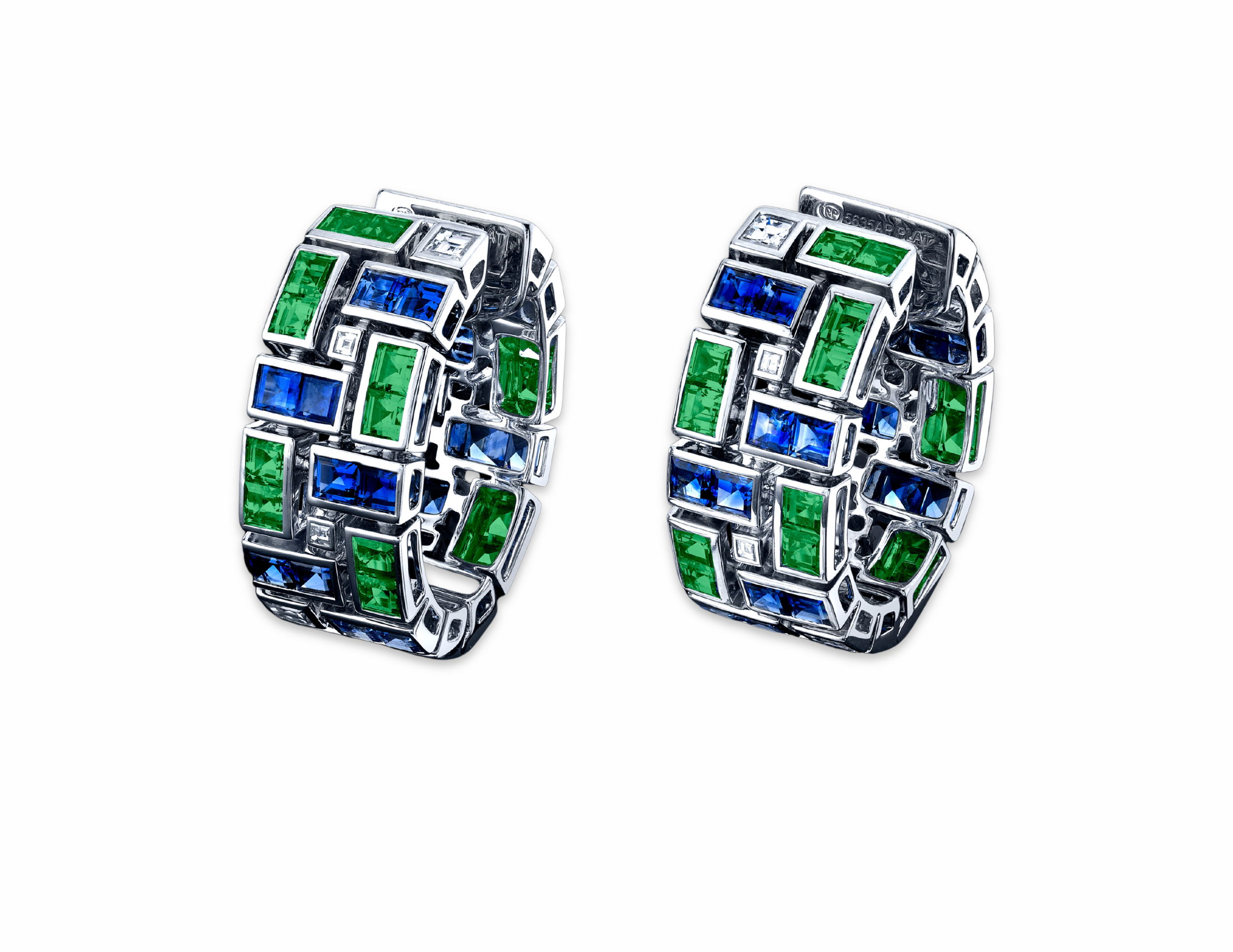 From Robert Procop’s Masterpiece Collection, these exquisite platinum clutch-style earrings feature a stunning combination of blue sapphires, emeralds, and diamonds, all expertly cut in a distinctive French style. A true blend of artistry and luxury, designed to make a lasting impression.-Platinum -Blue sapphires, 3,79cts-Emeralds, 3.62cts-Diamonds, 1.01ctsItem# 210-2000094 Emerald and Blue Sapphire Masterpiece Clutch Earrings