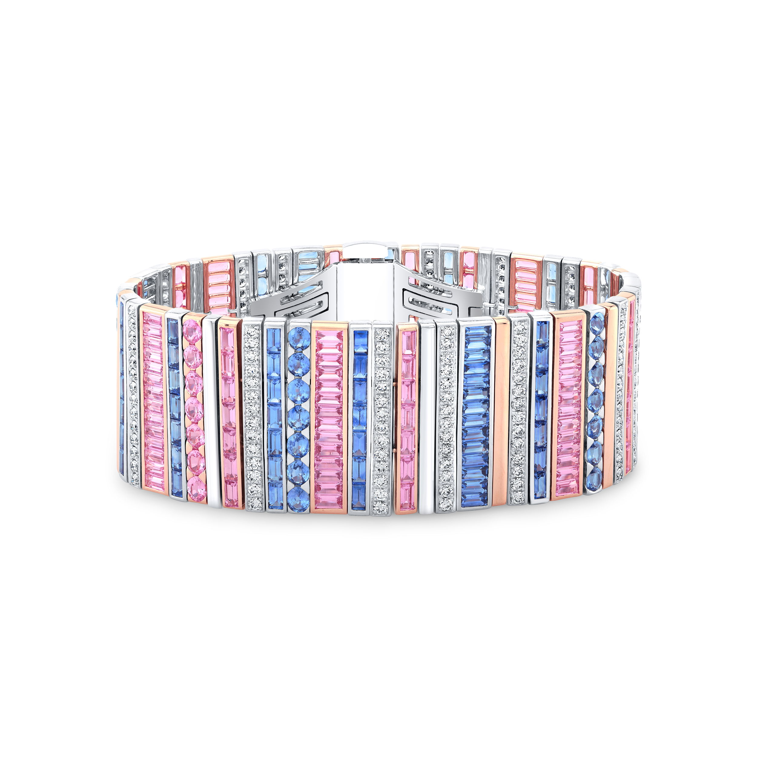 Experience true artistry with this Grand Masterpiece Bracelet, exclusively designed by renowned jeweler Robert Procop. Crafted in a luxurious blend of platinum and 18K rose gold, this exquisite piece features nearly 36 carats of vivid pink and blue sapphires, beautifully accented by 6 carats of brilliant diamonds. -Platinum -18k Rose gold -Blue sapphires, 20.75cts-Pink sapphires, 16.44cts-Diamonds, 5.9ctsItem# 240-2000035 Blue and Pink Sapphire Masterpiece Grand Bracelet