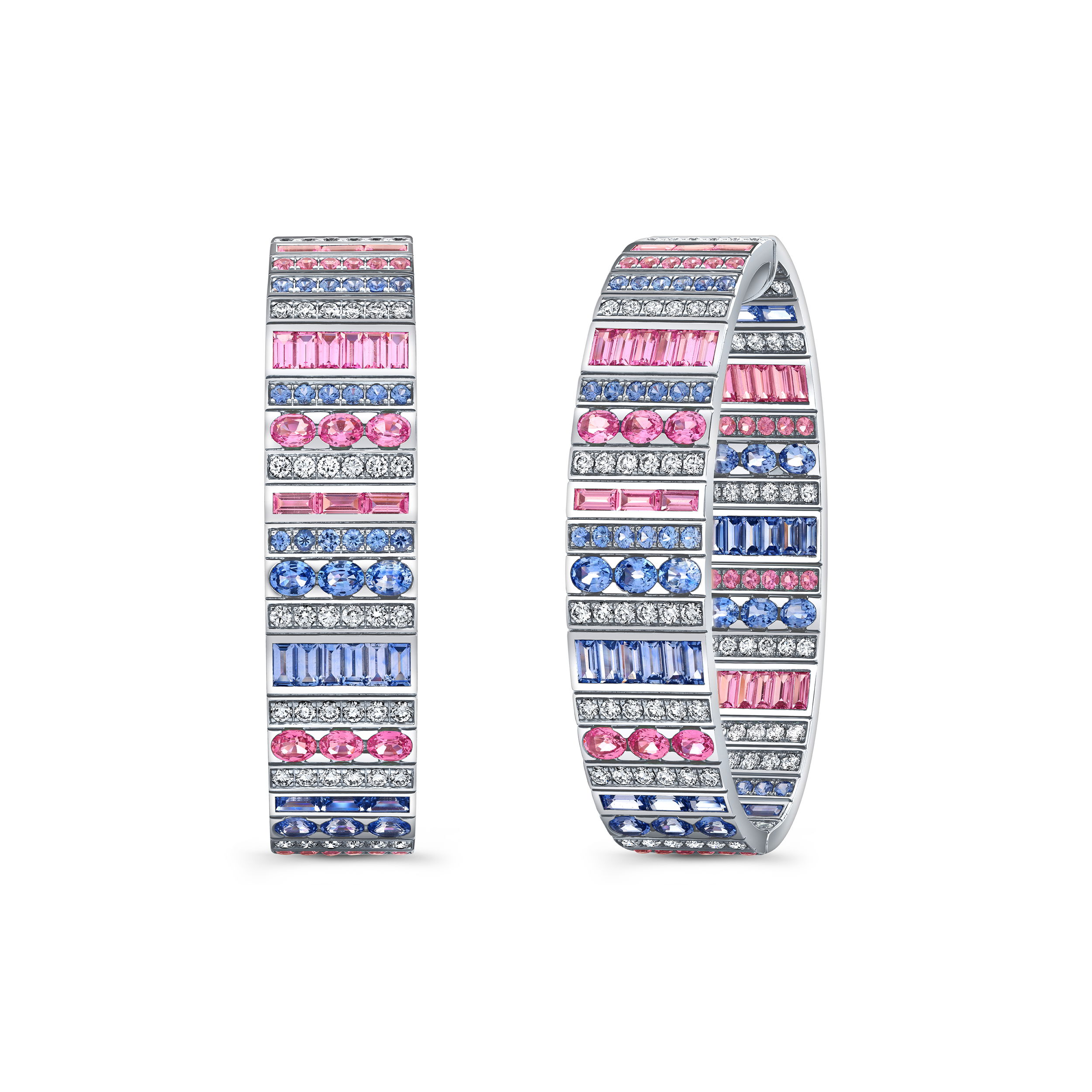 From Robert Procop’s Masterpiece Collection, these titanium clutch-style earrings feature an artful mix of pink and blue sapphires in various shapes, accented by round brilliant cut diamonds. Lightweight yet bold, they blend innovative design with exceptional color and sparkle.-Titanium -Blue sapphires, 10.67cts-Pink sapphires, 9.63cts-Diamonds, 4.05ctsItem# 210-2000099 Blue and Pink Sapphire Masterpiece Clutch Earrings