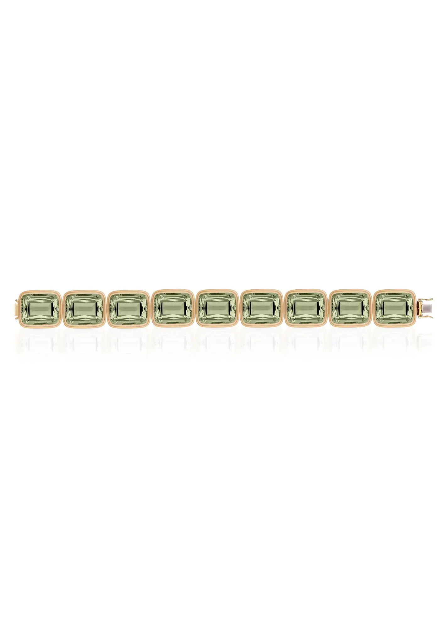 The Manhattan Cushion Link Bracelet is a study in balance — where repetition meets refinement in a fluid sequence of bold-cut stones, each bezel-set for effortless structure and shine.-18k Yellow gold-Cushion cut prasiolite, 90.46ctsItem# 240-2000036 'Manhattan' Prasiolite Cushion Bracelet