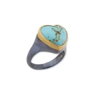 Crafted with 24k and oxidized silver, the “My Love” ring features a striking 14x16 mm heart-shaped Kingman turquoise cabochon. This bold yet elegant piece is a timeless expression of devotion and artisan craftsmanship.-Oxidized silver-24k Yellow gold-Kingman turquoiseItem# 804-2000379 Turquoise "My Love" Heart Ring