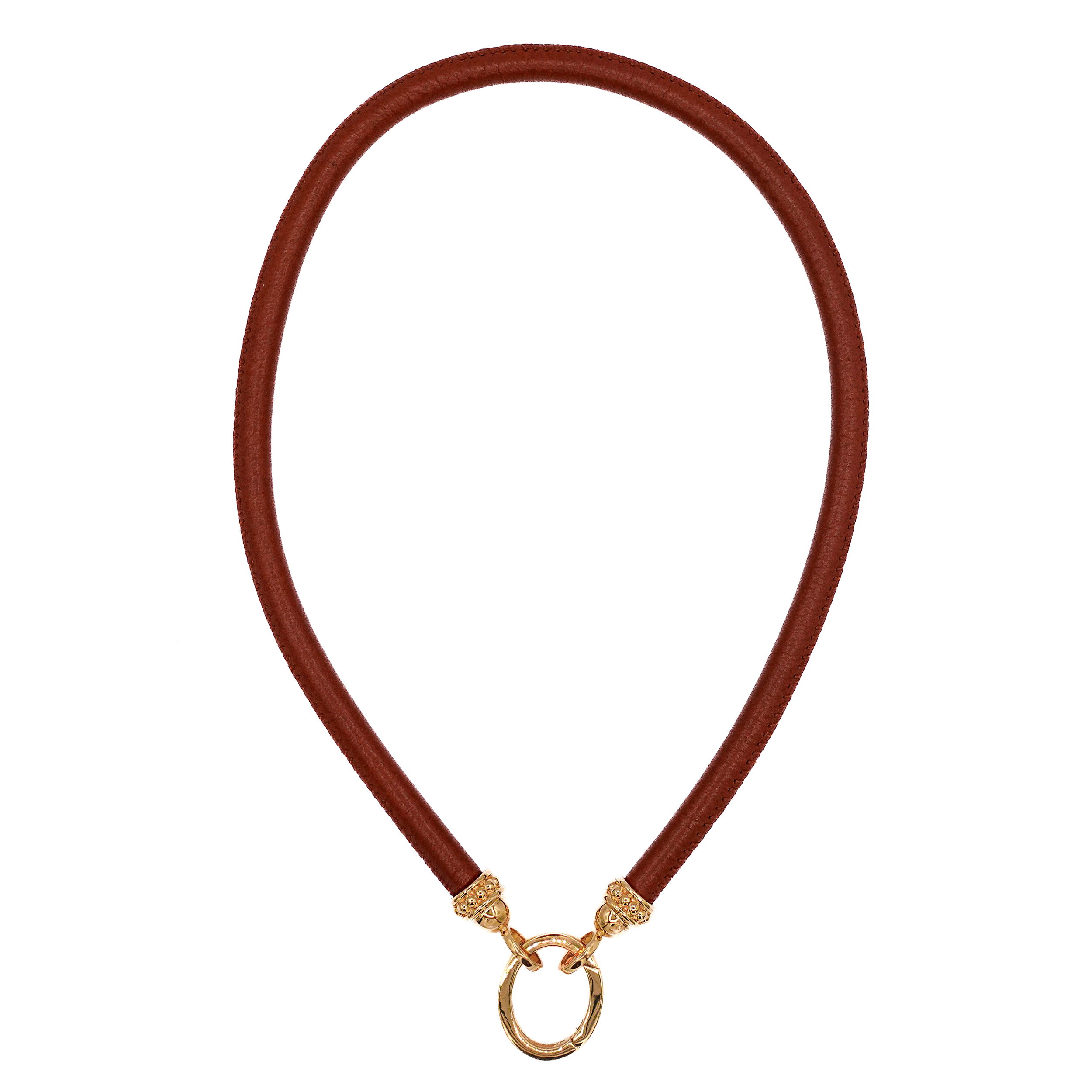 This necklace combines soft brown leather with a beautiful 18k yellow gold charm clasp. The warm gold adds a touch of luxury to this simple and stylish accessory, and you can easily add a pendant to personalize your look even further!-Leather-18k Yellow goldItem# ND-NK-00042 Brown Leather Necklace with Charm Clasp