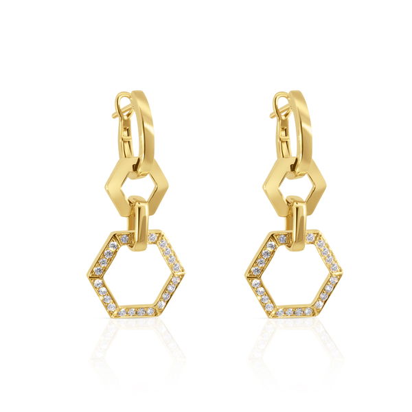 Closeup photo of Yellow Gold Hexagon Diamond Earrings