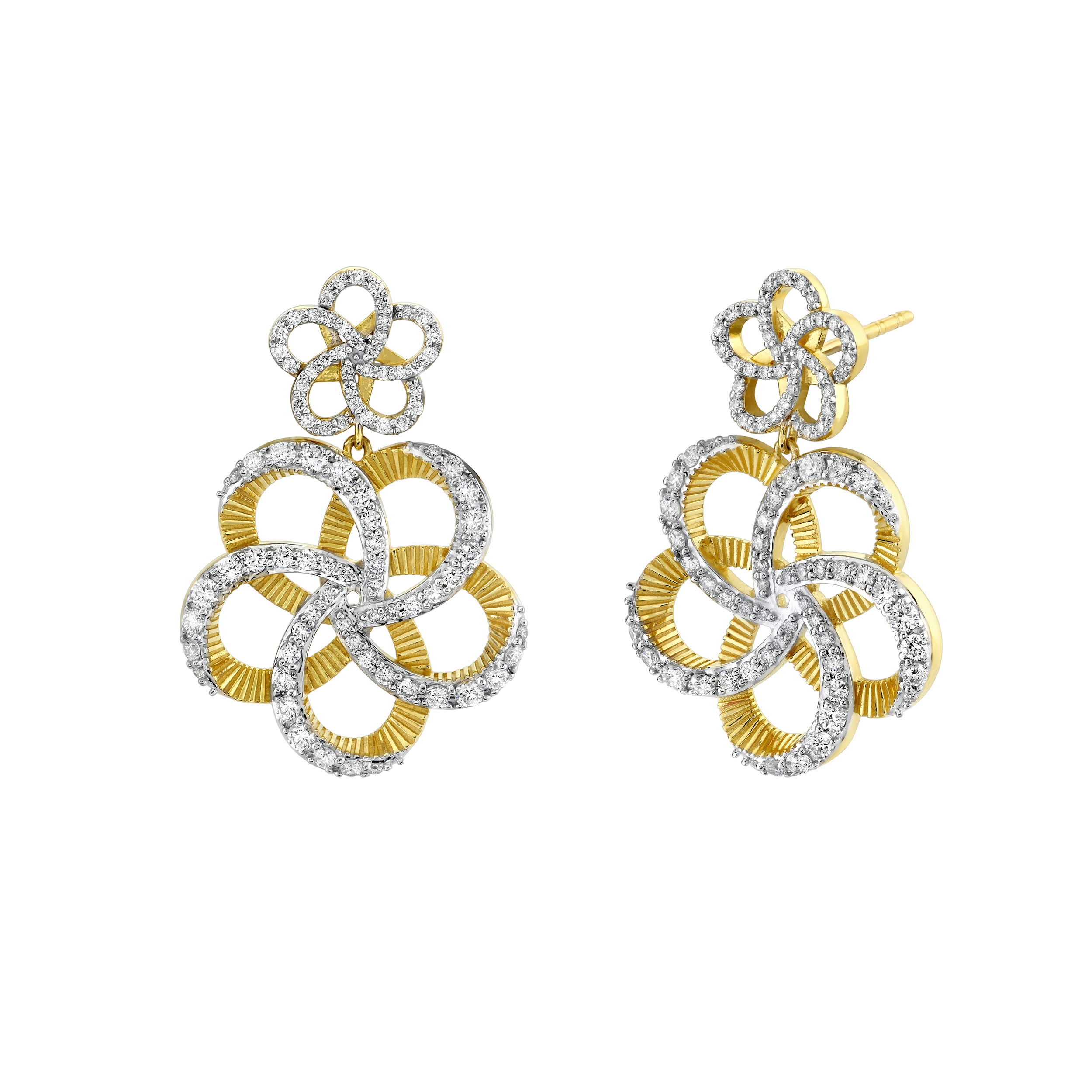 Double Flower Diamond Drop Earrings with Strie Detail