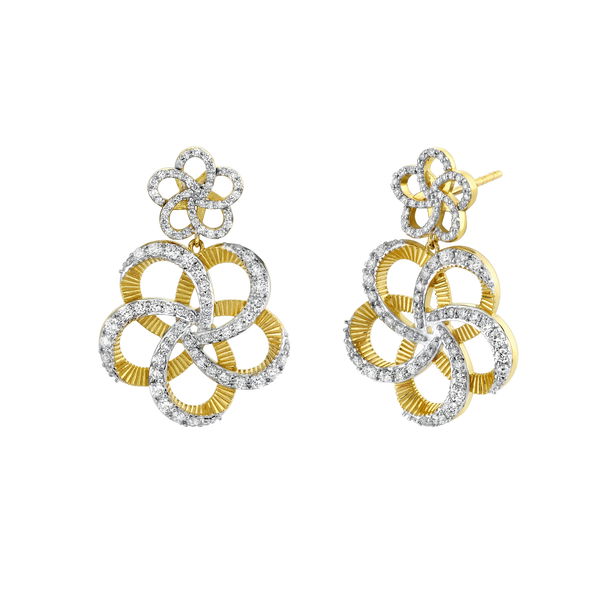 Closeup photo of Double Flower Diamond Drop Earrings with Strie Detail