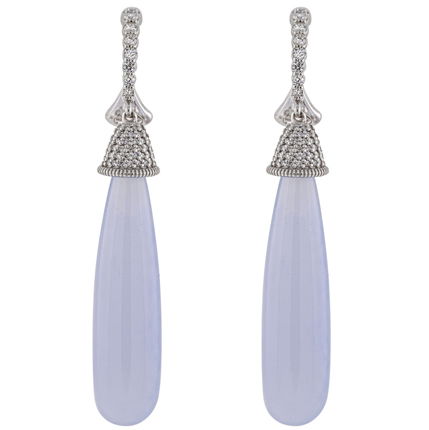 Closeup photo of Lavender Chalcedony Briolette Earrings with Diamond Detail
