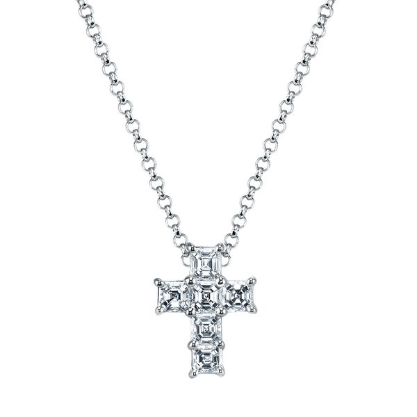 Closeup photo of Asscher Cut Diamond Cross Pendant