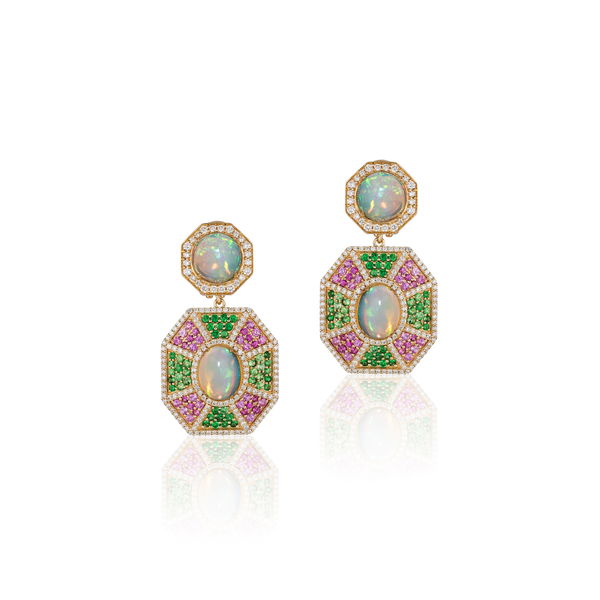 Closeup photo of 'G-One' Opal Earrings with Tsavorite, Pink Sapphire & Diamond Accents