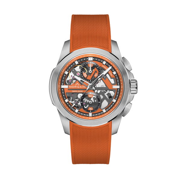 Closeup photo of Independence 42mm Skeleton Chrono Orange