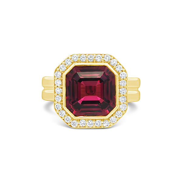 Closeup photo of ICON in Rhodolite Ring