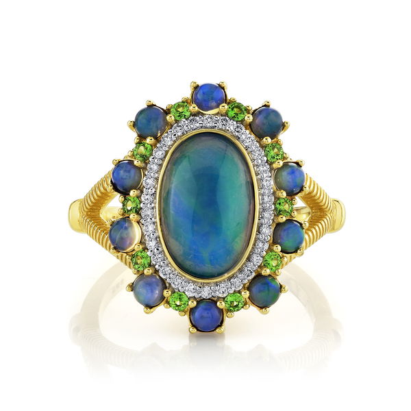 Closeup photo of Ethiopian Opal Ring with Diamond Detail
