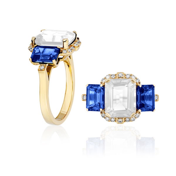 Closeup photo of 'Gossip' Moon Quartz & Iolite Ring