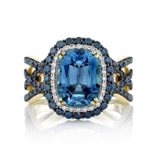 Closeup photo of Blue Zircon Ring with Diamond Detail