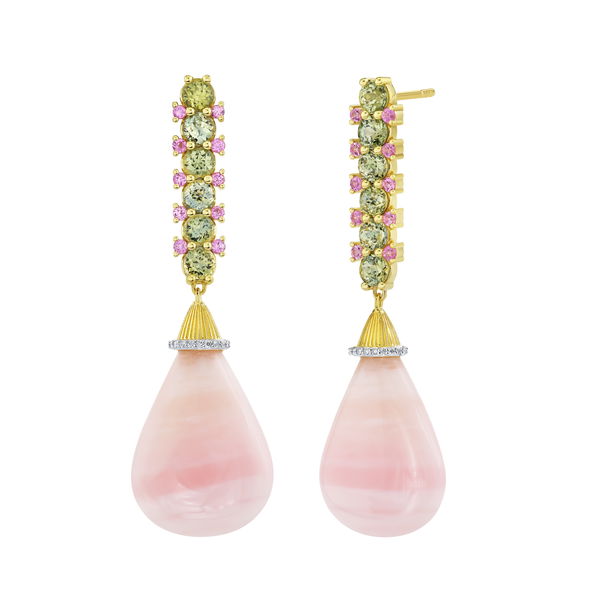 Closeup photo of Pink Opal Drop Earrings with Green & Pink Sapphire Detail
