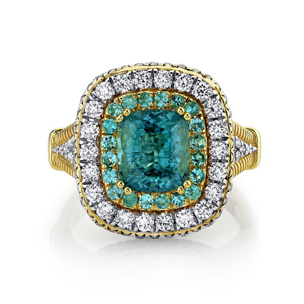 Closeup photo of Paraiba Tourmaline Ring with Diamond Detail