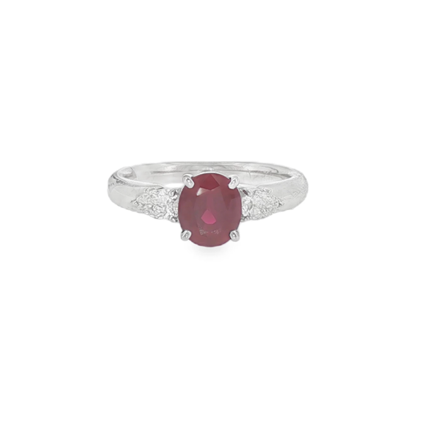 Closeup photo of Three Stone Ruby & Diamond Ring