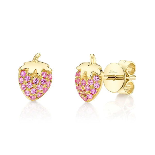 Closeup photo of Pink Sapphire Strawberry Stud Earrings