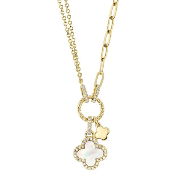 Closeup photo of Split Chain Necklace with Mother of Pearl Quatrefoil Pendants