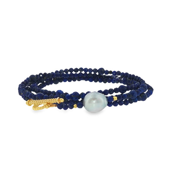Closeup photo of Lapis and Tahitian Pearl Convertible Wrap Bracelet