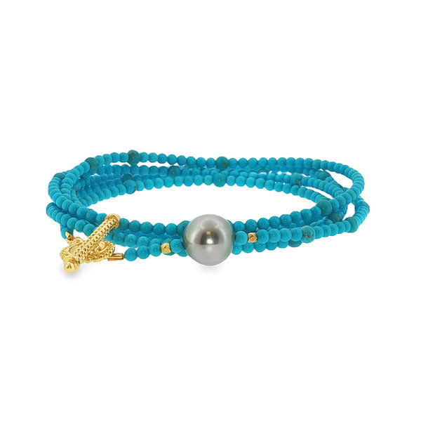 Closeup photo of Kingman Turquoise and Tahitian Pearl Convertible Wrap Bracelet