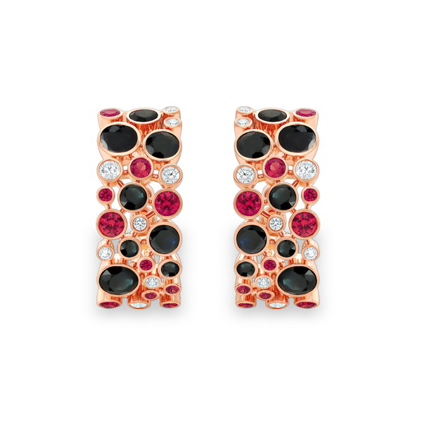 Closeup photo of Ruby and Black Sapphire De La Vie Clutch Earrings