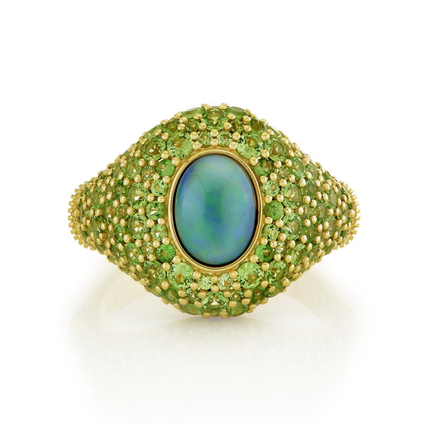 Closeup photo of Ethiopian Opal & Tsavorite Ring