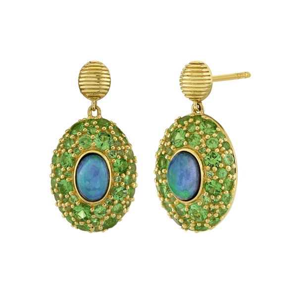 Closeup photo of Ethiopian Opal & Tsavorite Drop Earrings