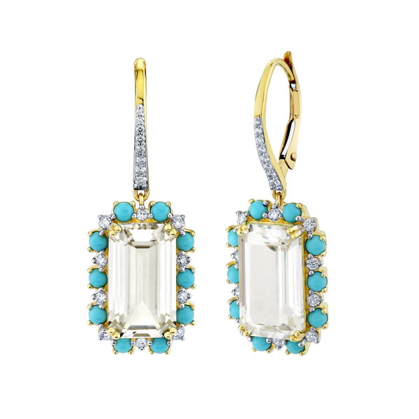 Closeup photo of White Topaz Drops with Turquoise & Diamond Halos