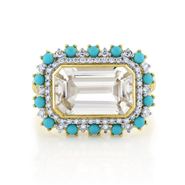Closeup photo of Topaz Ring with Turquoise & Diamond Halo