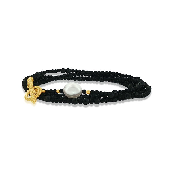 Closeup photo of 18k Lumpy Spinel and Pearl 33" Wrap Bracelet