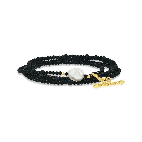 Closeup photo of 18k Lumpy Spinel and Pearl 34" Wrap Bracelet