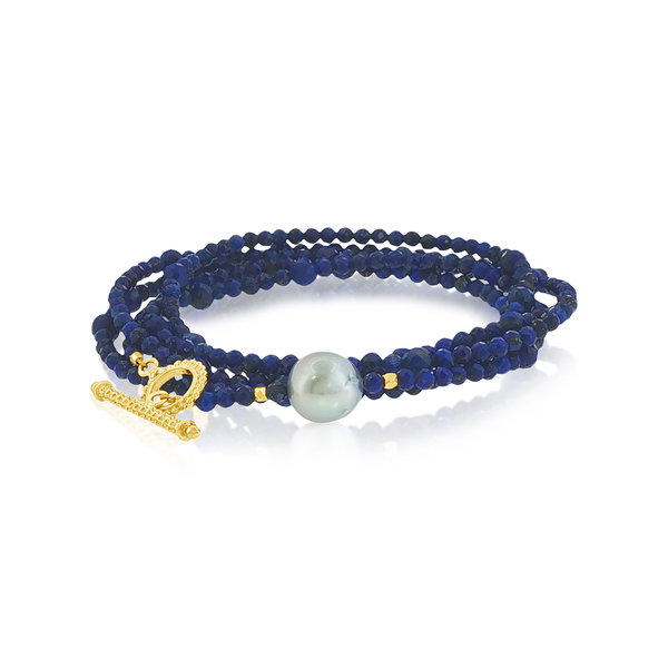 Closeup photo of 18k Lapis Lazuli and Gold Bead Wrap Bracelet 33"