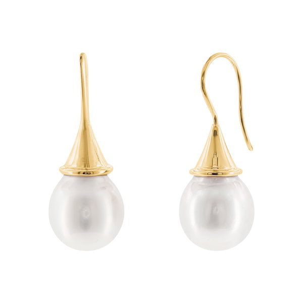 Closeup photo of 18k Fresh Water Pearl Drop Earrings