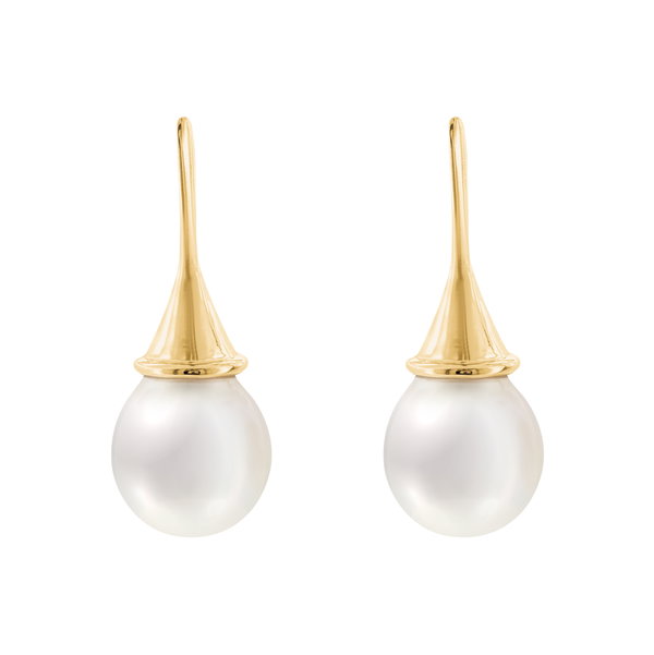 Closeup photo of 18k South Sea Pearl Drop Earrings
