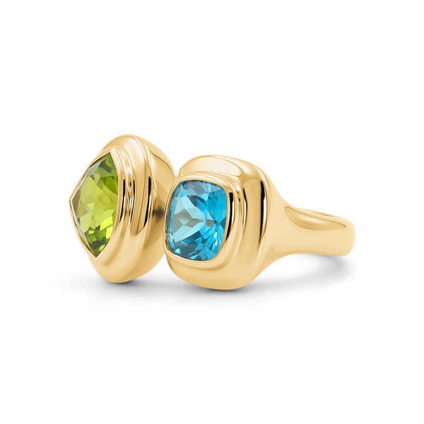 Closeup photo of 18k 2.31 ct Peridot 2.14 ct Blue Zircon POW Ring