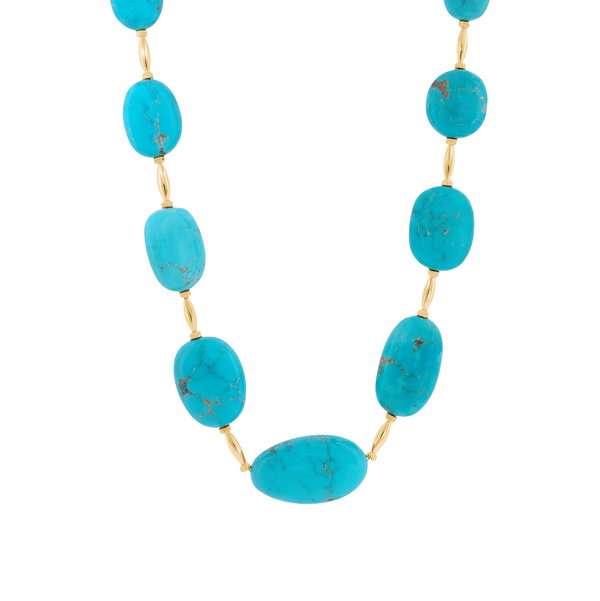 Closeup photo of Kingman Turquoise and Gold Bead Necklace