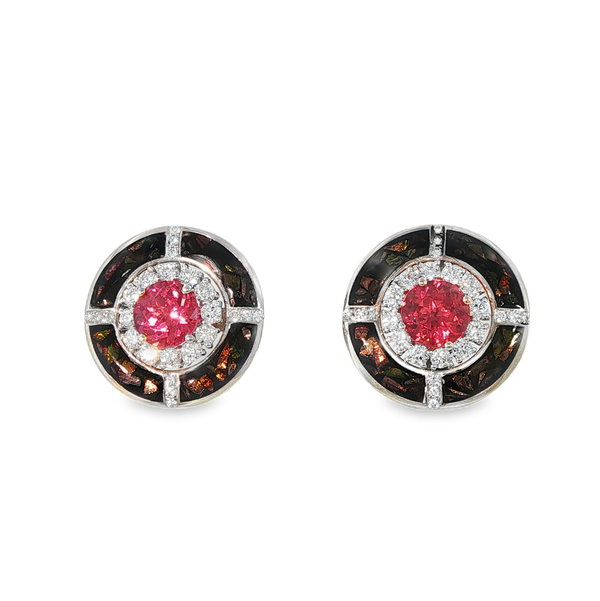 Closeup photo of Pink Spinel and Diamond Enamel Earrings