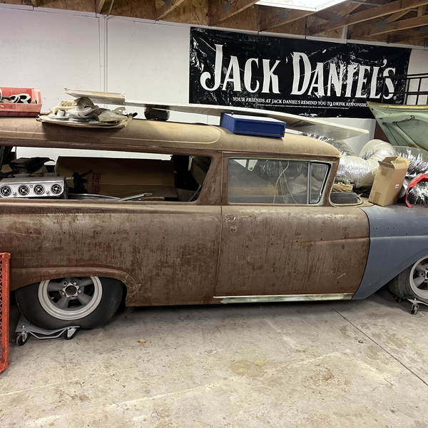 Closeup photo of 1957 Ford Del Rio Barn Find Complete in Parts, Art Morrison Frame on Order