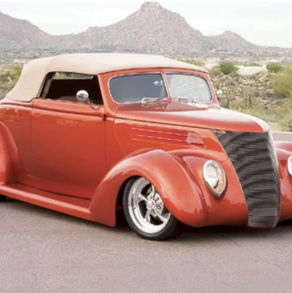 Closeup photo of 1937 Ford Custom Cabriolet Built by Squeeges Chandler $600K Build