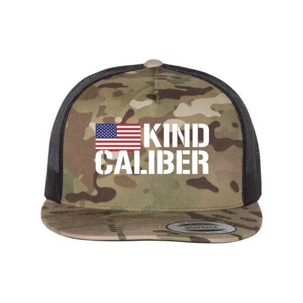 Closeup photo of Classic 5 Panel Trucker Hat KIND CALIBER Multicam Green Canvas Black Mesh One Size Fits Most
