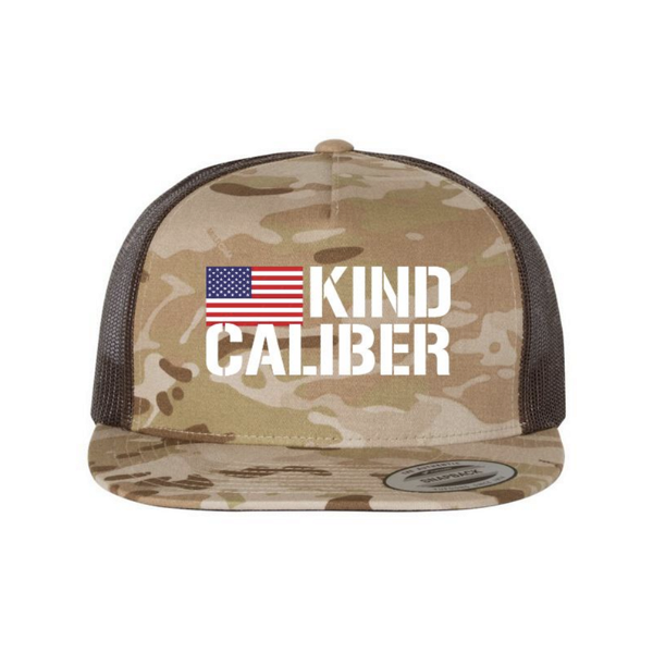 Closeup photo of Classic 5 Panel Trucker Hat KIND CALIBER Multicam Arid Canvas Brown Mesh One Size Fits Most