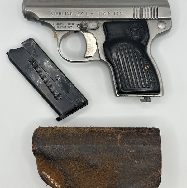 Closeup photo of Sterling Arms .22 LR Stainless Semi-Auto Pistol – Vintage Pocket Pistol w/ Magazine & Holster