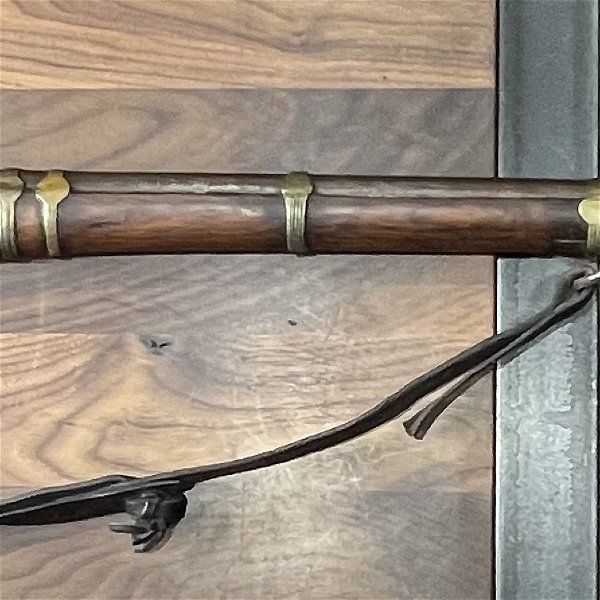 Closeup photo of Vintage CAMEL Gun Rifle Flintlock w/Flared Barrel Leather Sling