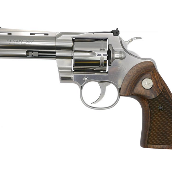 Closeup photo of Colt Python 357 Revolver Semi-Bright Stainless Steel 4.25" Walnut Grips