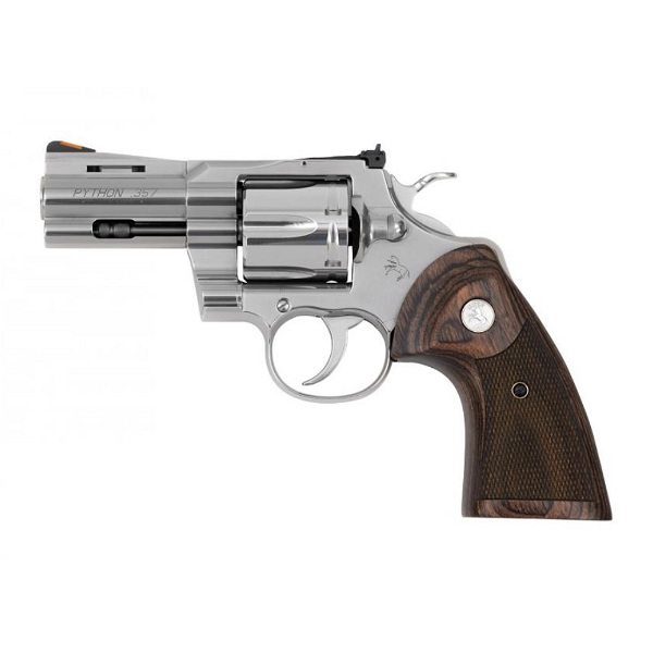 Closeup photo of Colt Python 357 Revolver Semi-Bright Stainless Steel 3" Walnut Grips