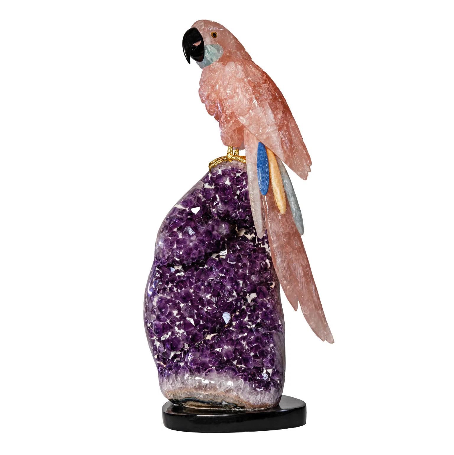 Rose Quartz Macaw With Aquamarine Cheeks On Amethyst Geode